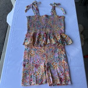 J Crew Re-Imagined Floral Smocked Tie Strap Top + Bike Shorts Set Size L